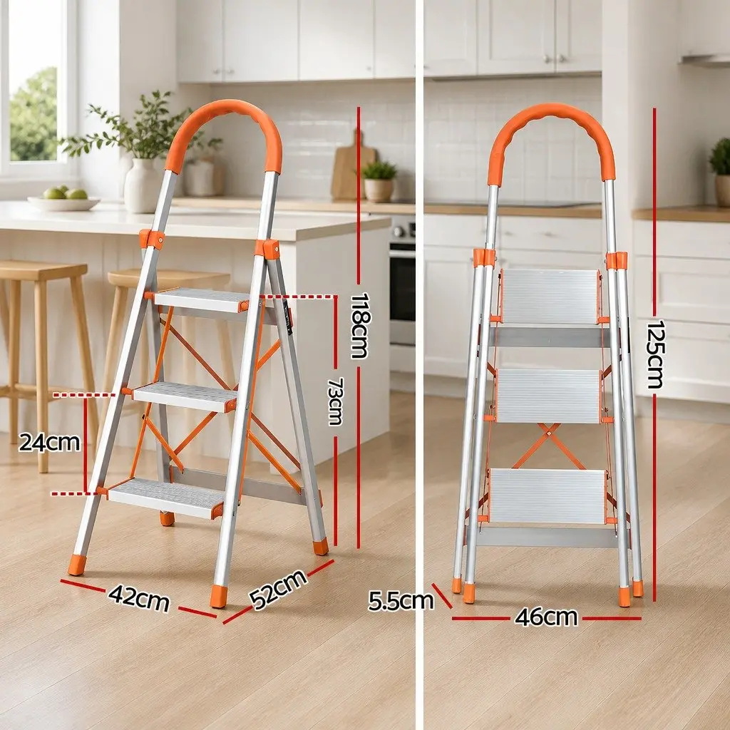 3 Step Ladder Folding Aluminium Lightweight Non-Slip Platform Multi-Purpose Home