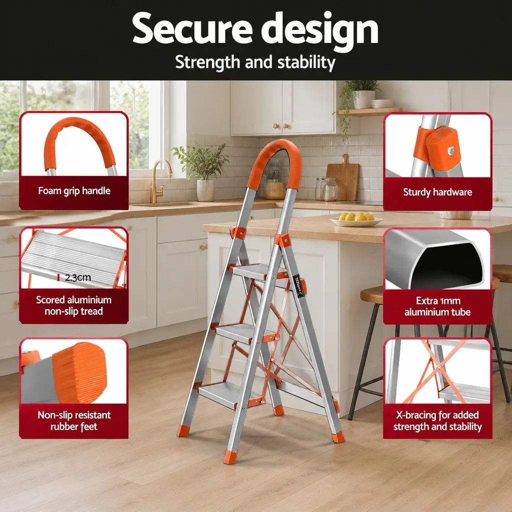 3 Step Ladder Folding Aluminium Lightweight Non-Slip Platform Multi-Purpose Home