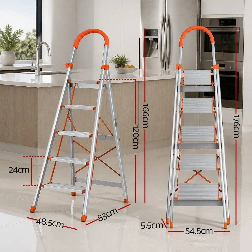 5 Step Ladder Folding Lightweight Aluminium Multi-Purpose Indoor Outdoor
