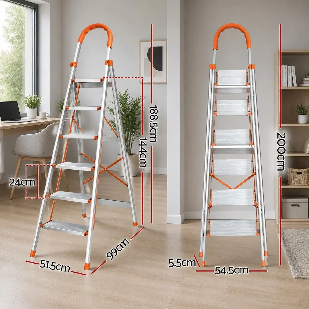 6 Step Ladder Folding Aluminium Multi-Purpose Non-Slip Platform Home Use 51.5cm W x 99cm D x 188.5cm H