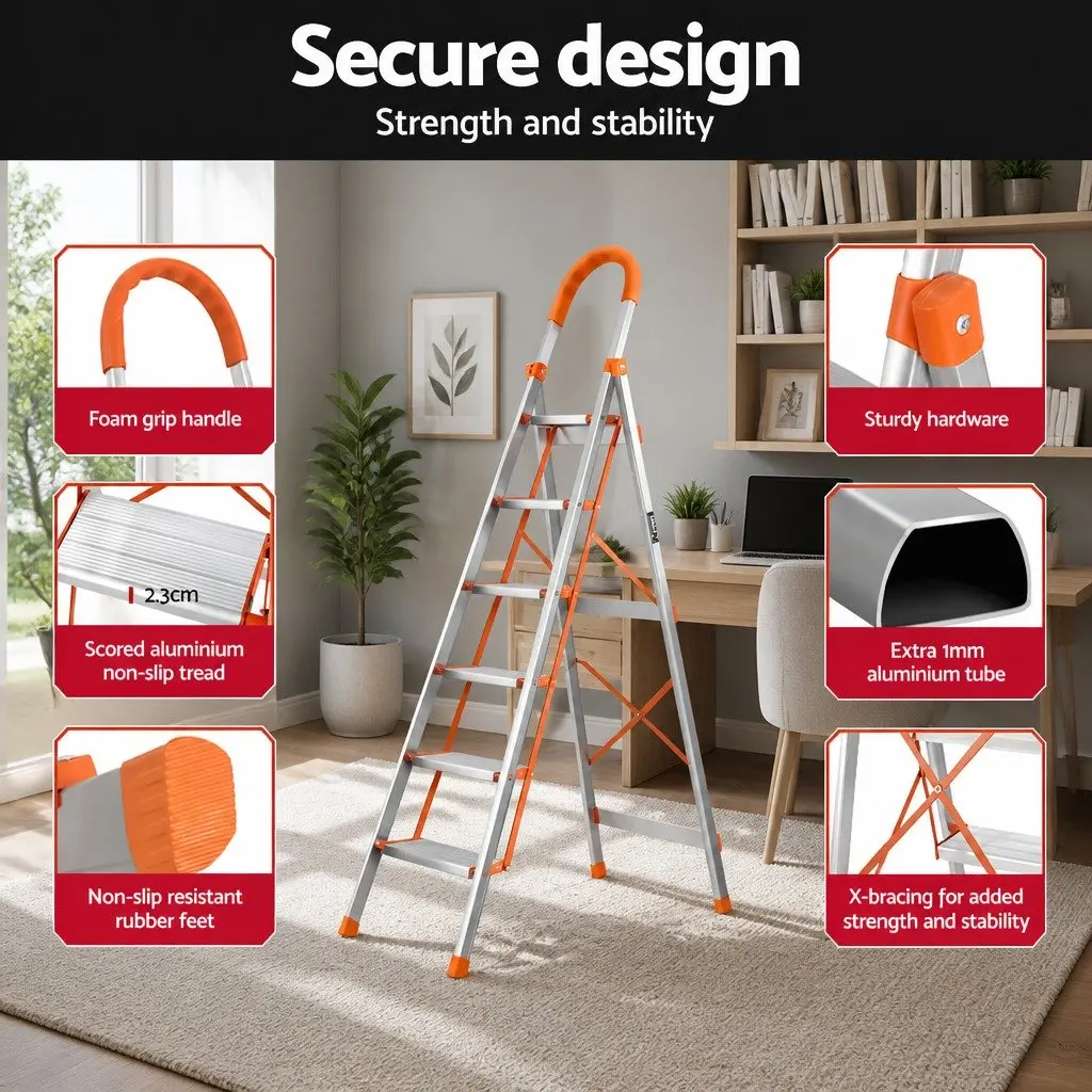 6 Step Ladder Folding Aluminium Multi-Purpose Non-Slip Platform Home Use 51.5cm W x 99cm D x 188.5cm H