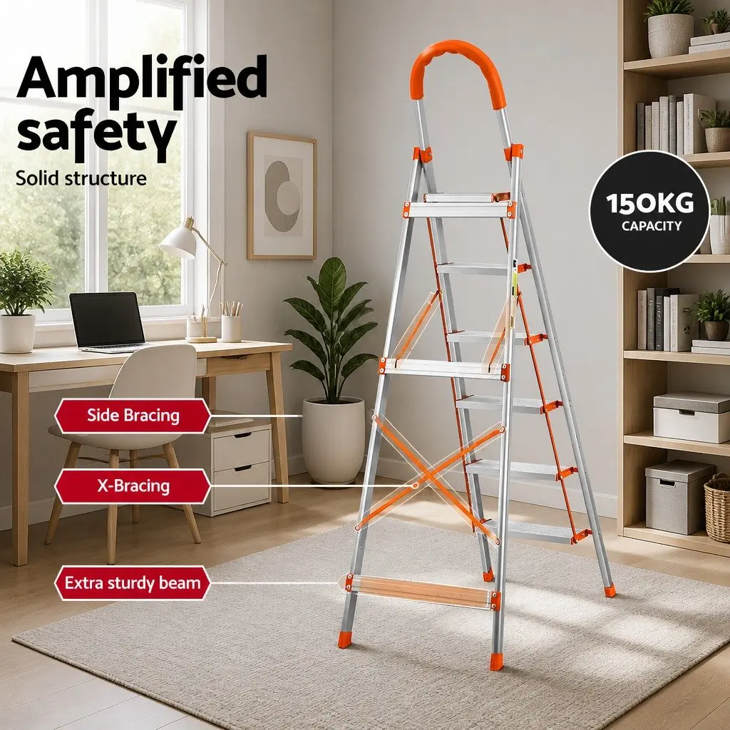 6 Step Ladder Folding Aluminium Multi-Purpose Non-Slip Platform Home Use 51.5cm W x 99cm D x 188.5cm H