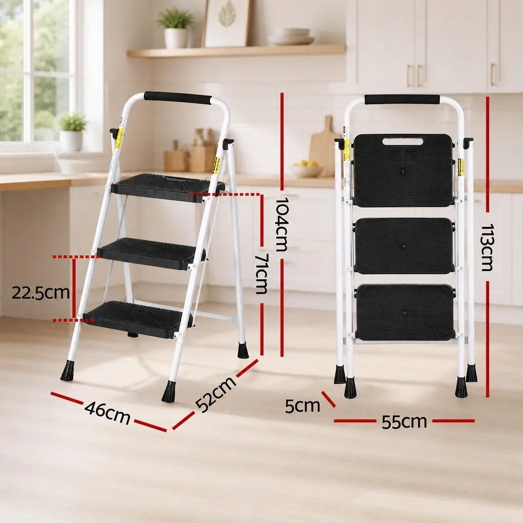 3 Step Ladder Multi-Purpose Indoor Folding Steel Non-Slip Safety
