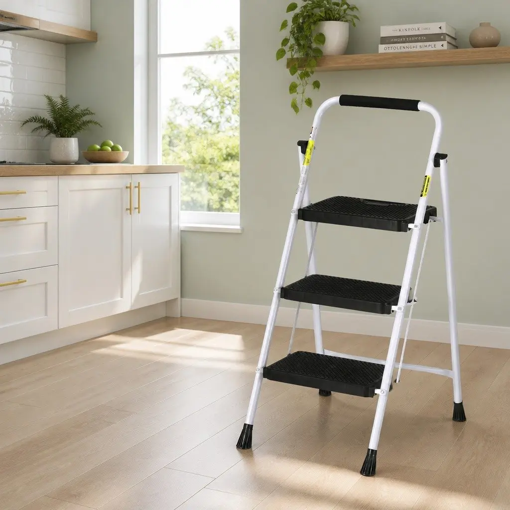 3 Step Ladder Multi-Purpose Indoor Folding Steel Non-Slip Safety