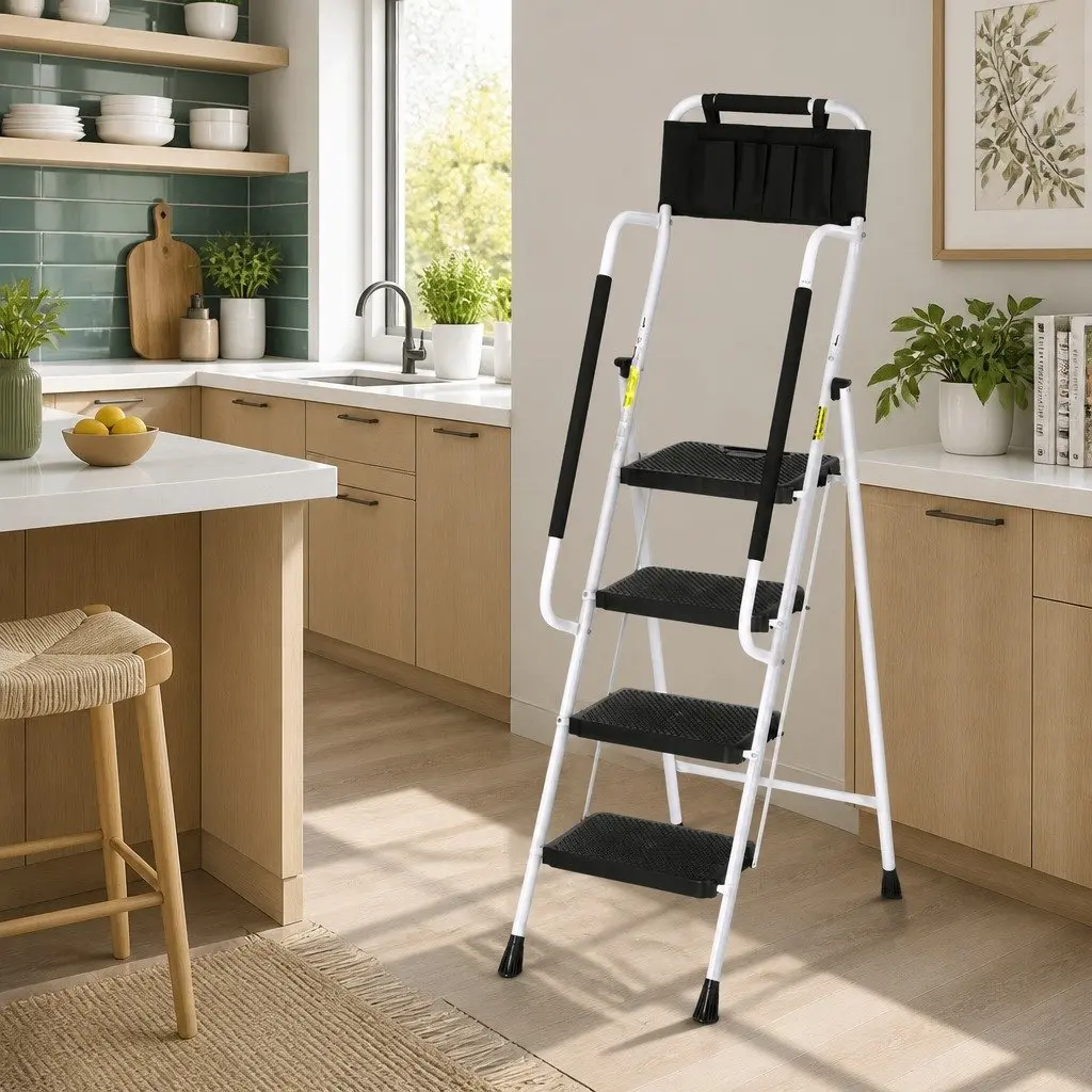 4 Step Ladder Folding Steel Platform Multi-Purpose Tool Bag Handrails Home