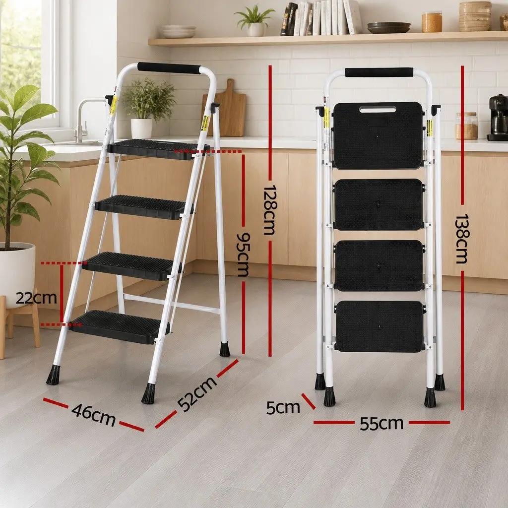4 Step Ladder Folding Steel Multi-Purpose for Indoor Outdoor Use