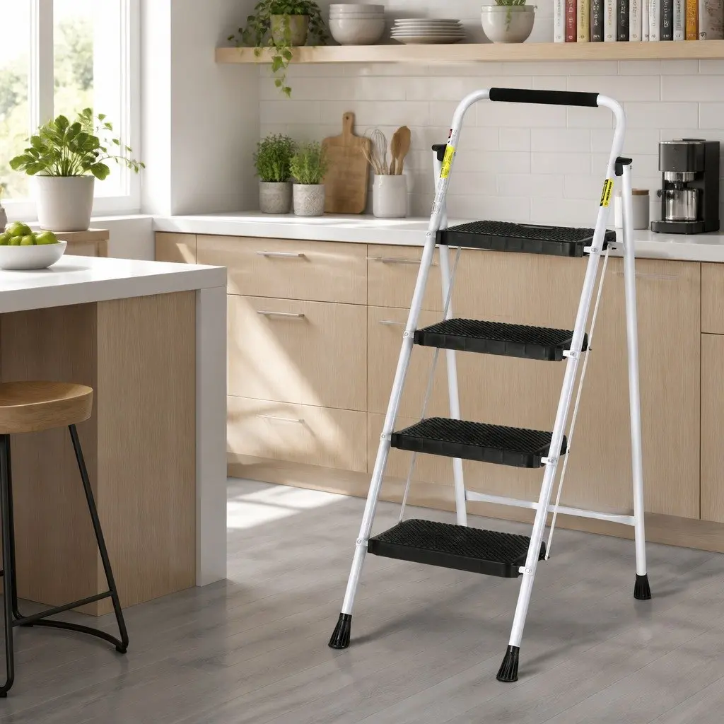4 Step Ladder Folding Steel Multi-Purpose for Indoor Outdoor Use
