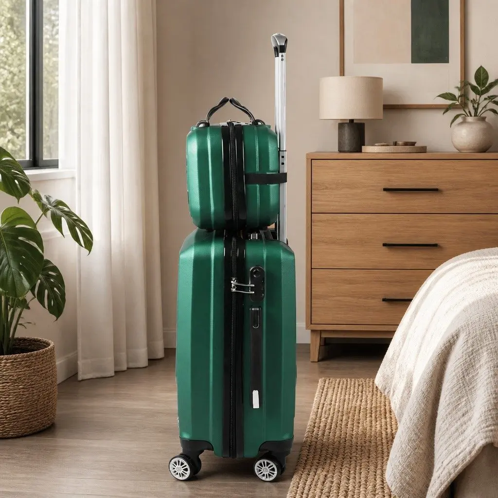 Travel Luggage Set 2 Piece 20 Inch Suitcase 12 Inch Vanity Bag Green