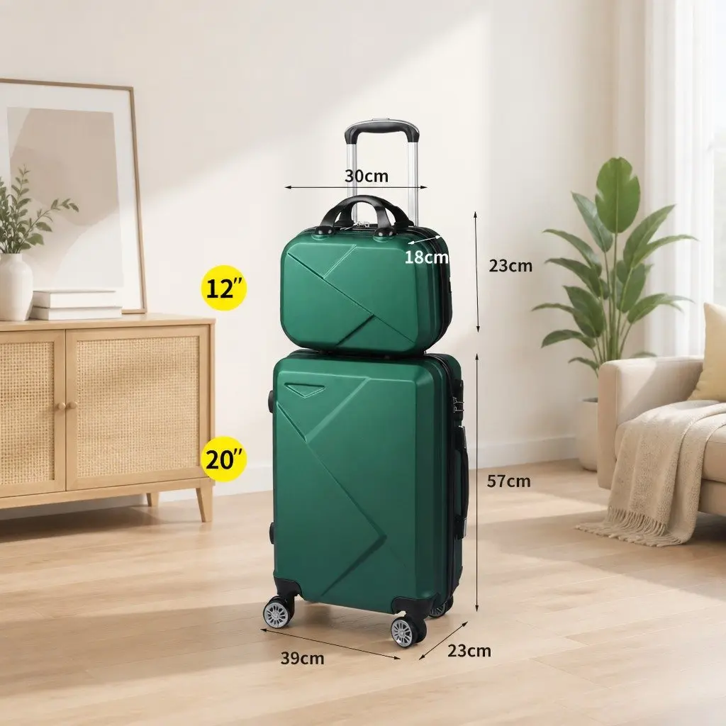 Travel Luggage Set 2 Piece 20 Inch Suitcase 12 Inch Vanity Bag Green