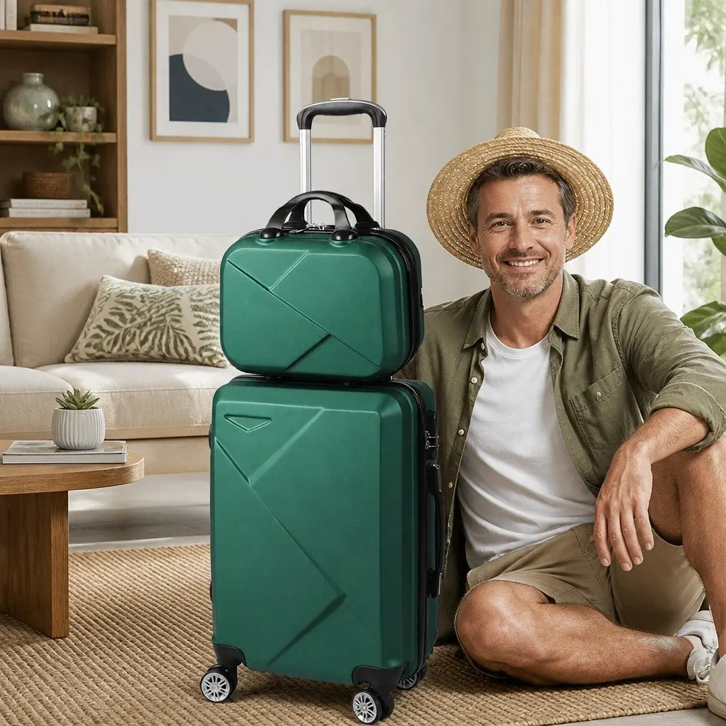 Travel Luggage Set 2 Piece 20 Inch Suitcase 12 Inch Vanity Bag Green