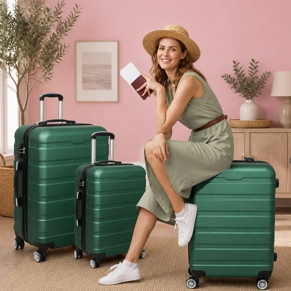3 Piece Luggage Set Travel Suitcase Hard Shell Spinner Wheels Green