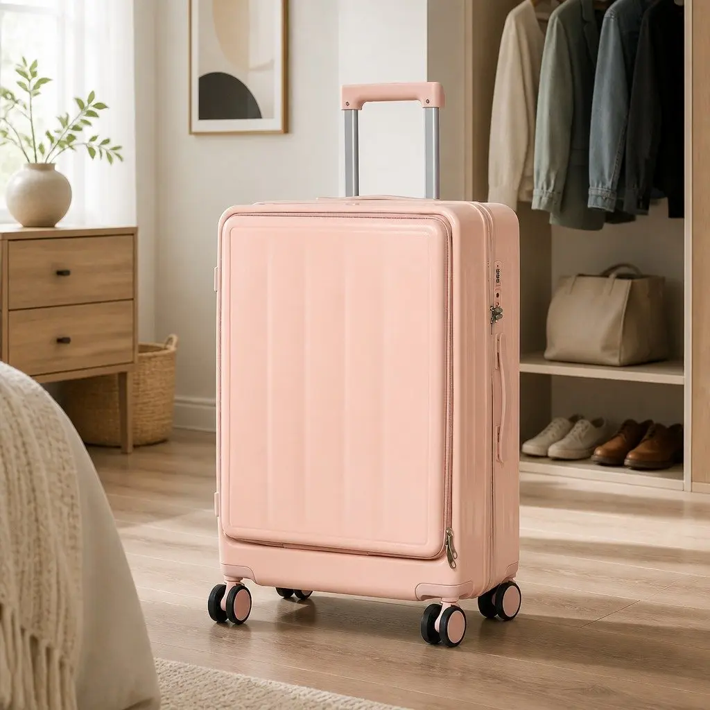 26" Luggage Trolley Case Pink Hard Shell Suitcase Front Opening Travel Bag