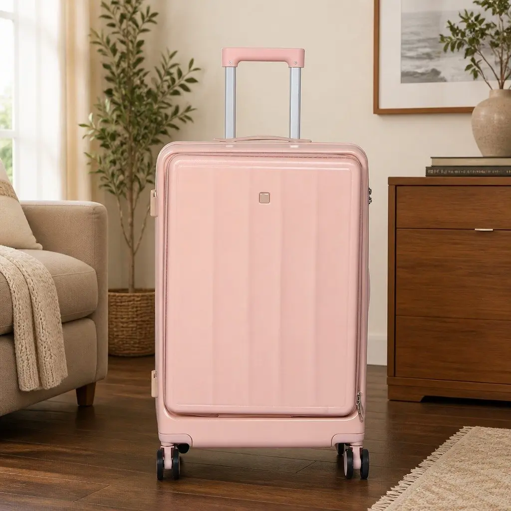 26" Luggage Trolley Case Pink Hard Shell Suitcase Front Opening Travel Bag