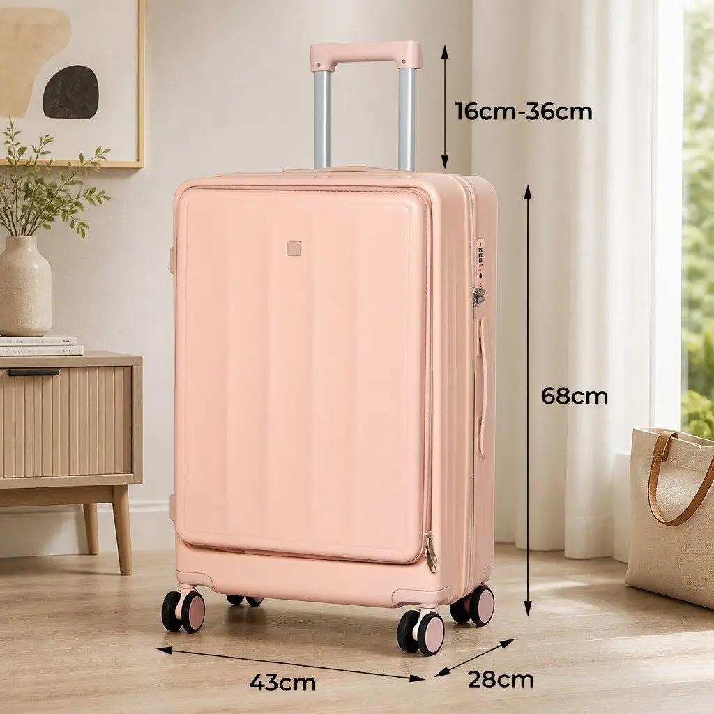 26" Luggage Trolley Case Pink Hard Shell Suitcase Front Opening Travel Bag