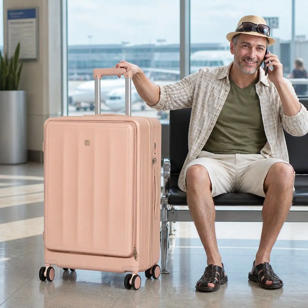 26" Luggage Trolley Case Pink Hard Shell Suitcase Front Opening Travel Bag