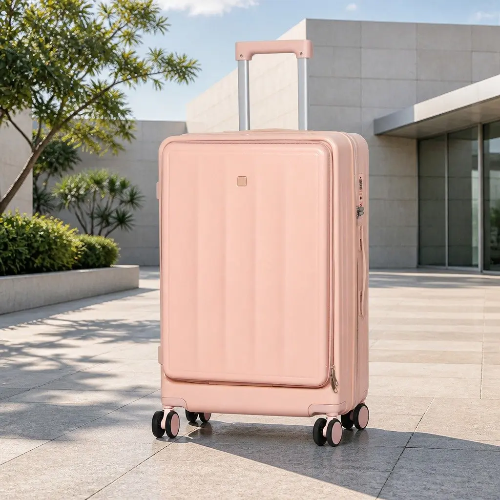 26" Luggage Trolley Case Pink Hard Shell Suitcase Front Opening Travel Bag