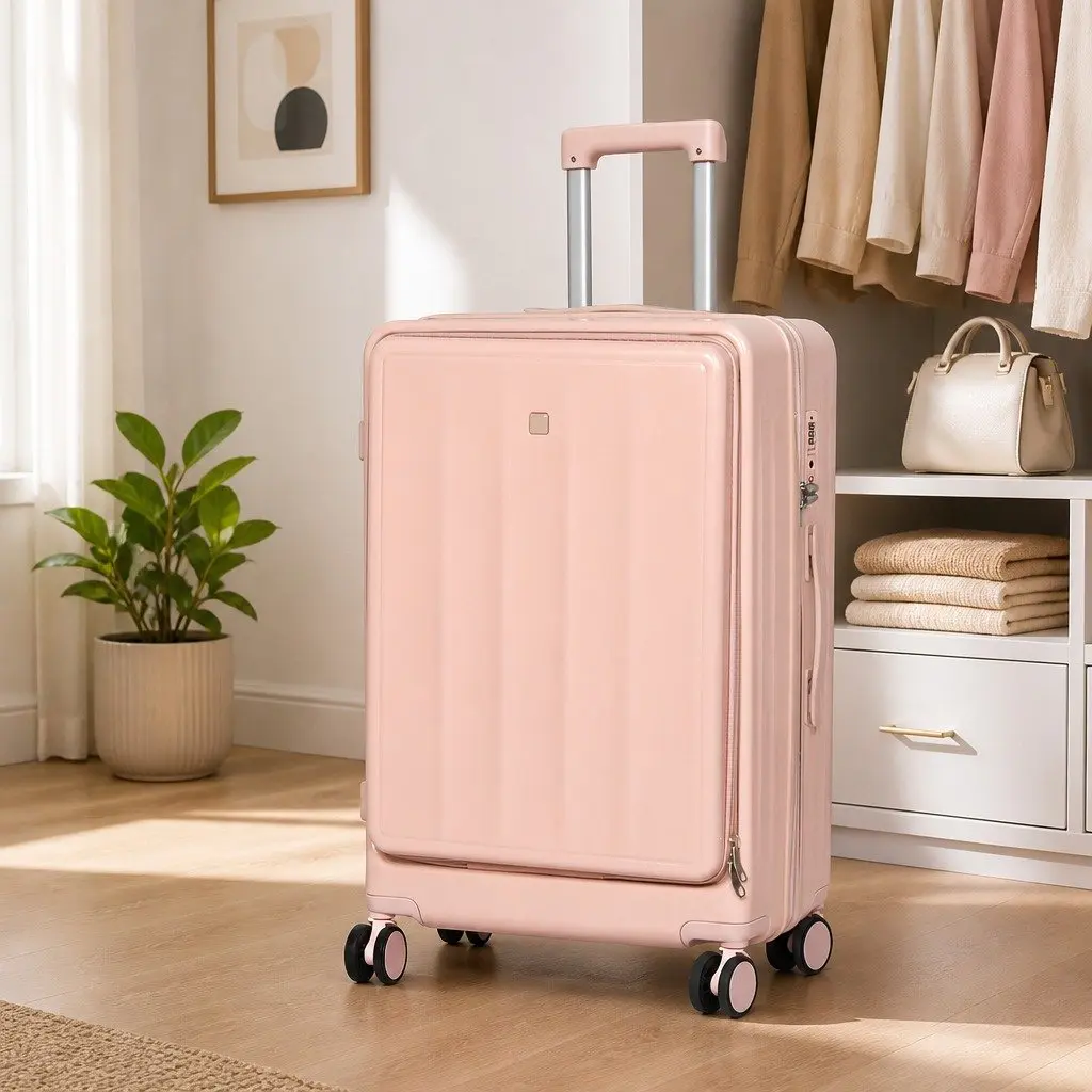26" Luggage Trolley Case Pink Hard Shell Suitcase Front Opening Travel Bag
