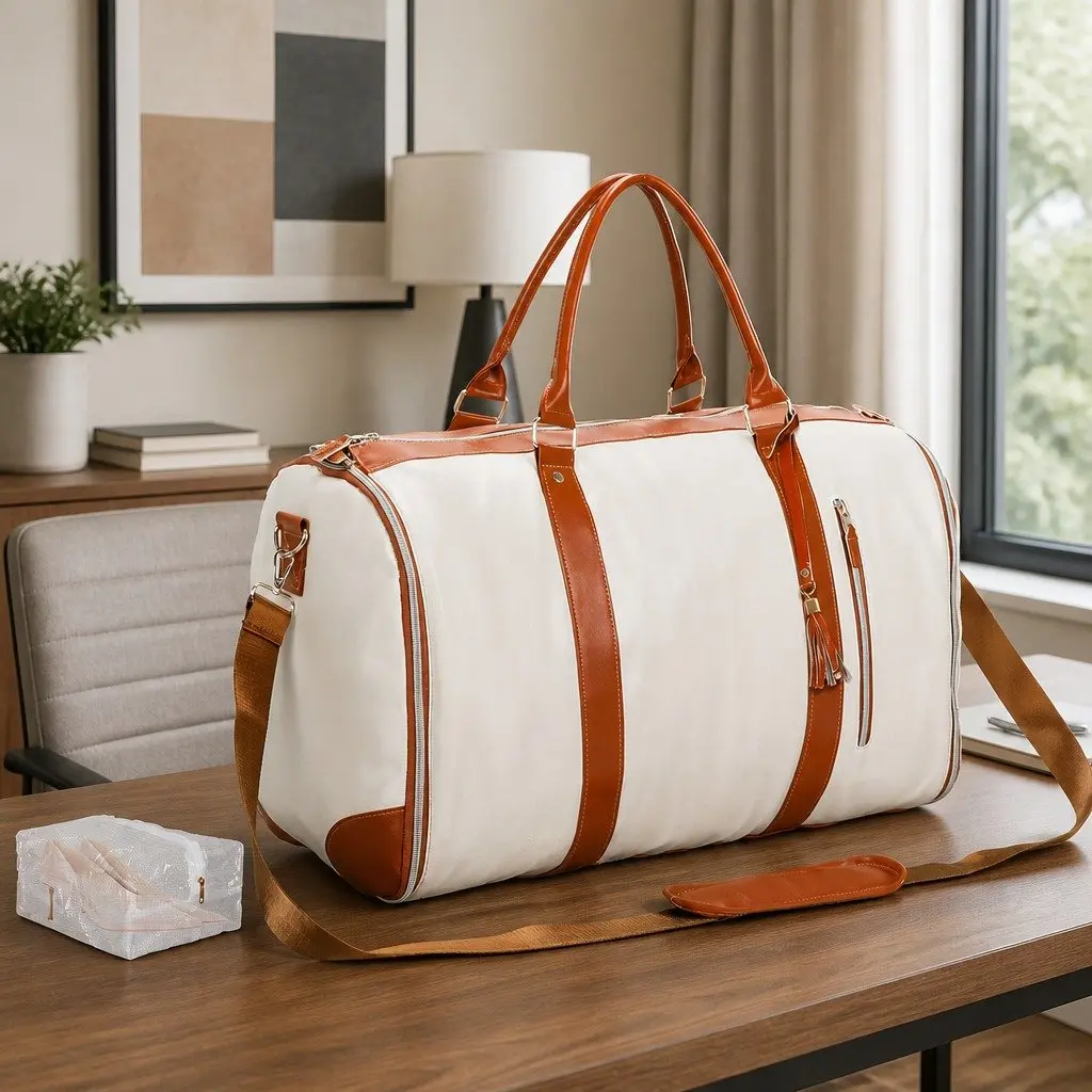 Garment Bag Travel Suit Carrier Beige for Business Use 55L with Shoulder Strap and Shoe Bag