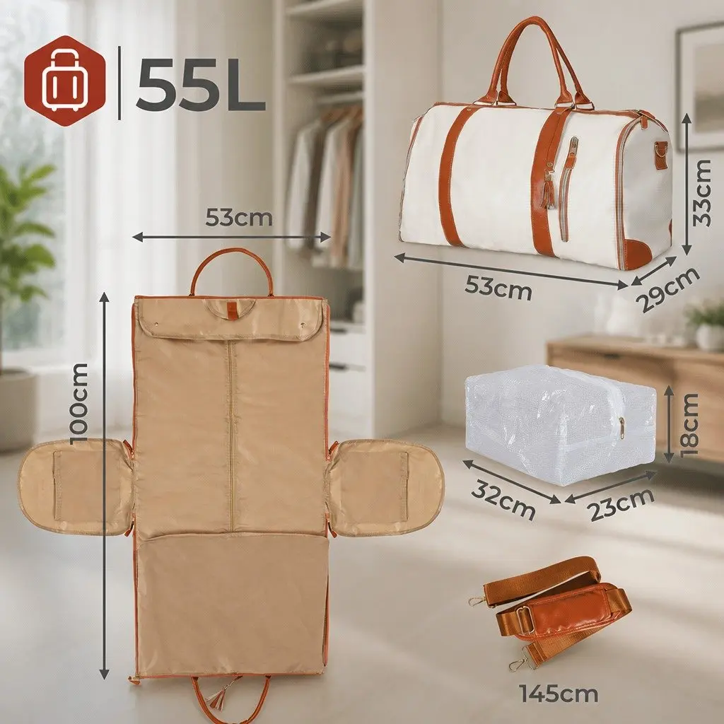 Garment Bag Travel Suit Carrier Beige for Business Use 55L with Shoulder Strap and Shoe Bag