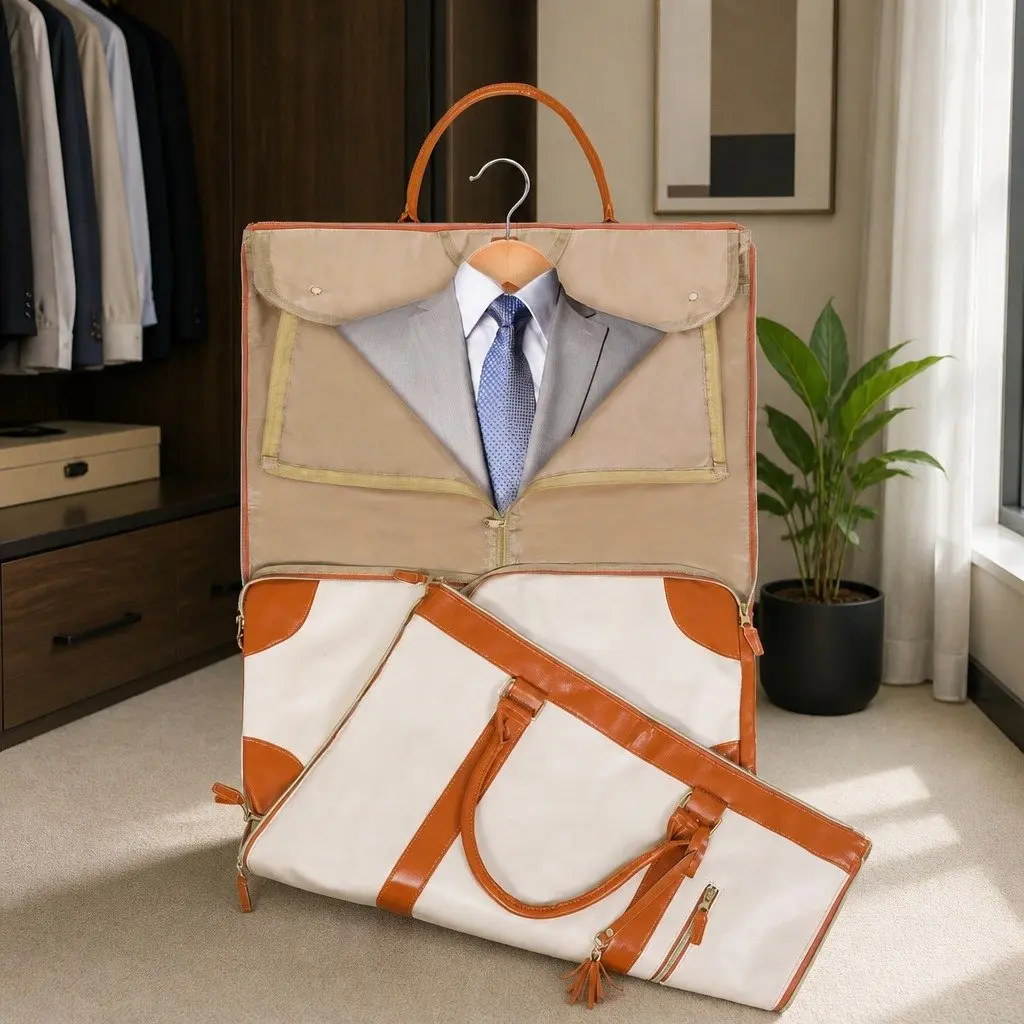 Garment Bag Travel Suit Carrier Beige for Business Use 55L with Shoulder Strap and Shoe Bag