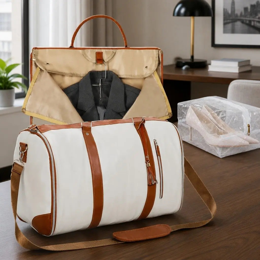 Garment Bag Travel Suit Carrier Beige for Business Use 55L with Shoulder Strap and Shoe Bag