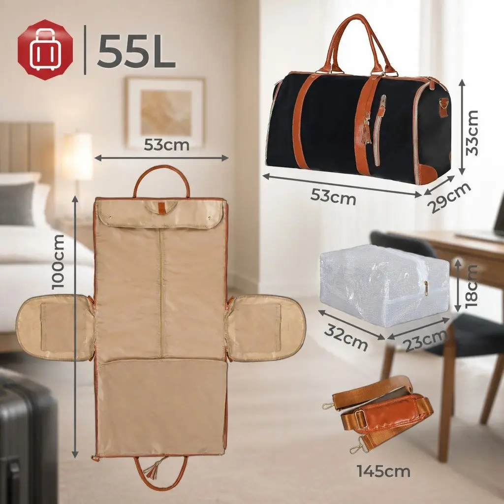 Carry On Garment Bag 55L Hanging Suit Storage Shoulder Strap Shoe Bag Black