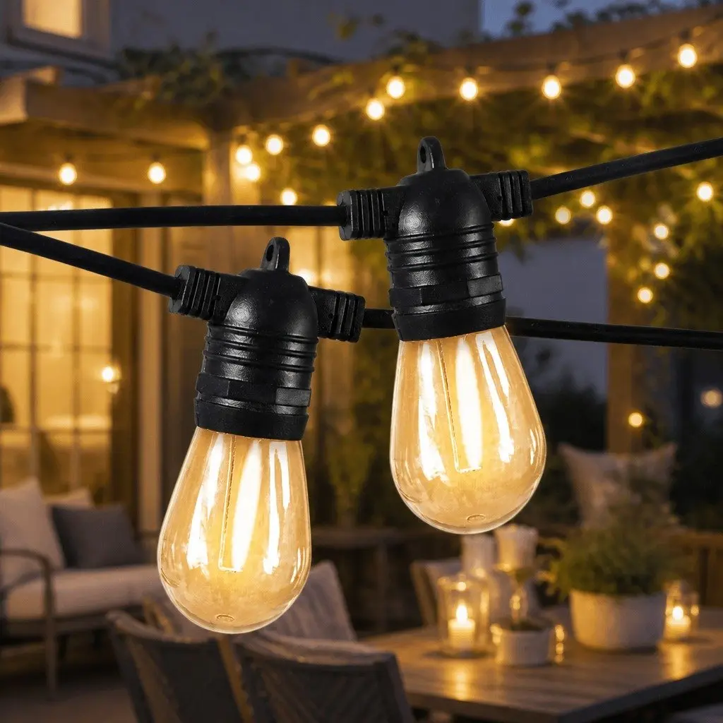 50M Festoon String Lights 50 Bulbs Outdoor Wedding Patio Garden Warm White LED