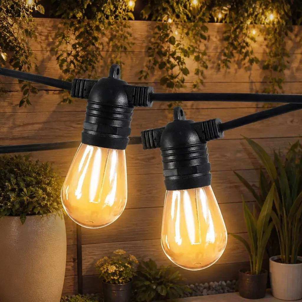50M Festoon String Lights 50 Bulbs Outdoor Wedding Patio Garden Warm White LED