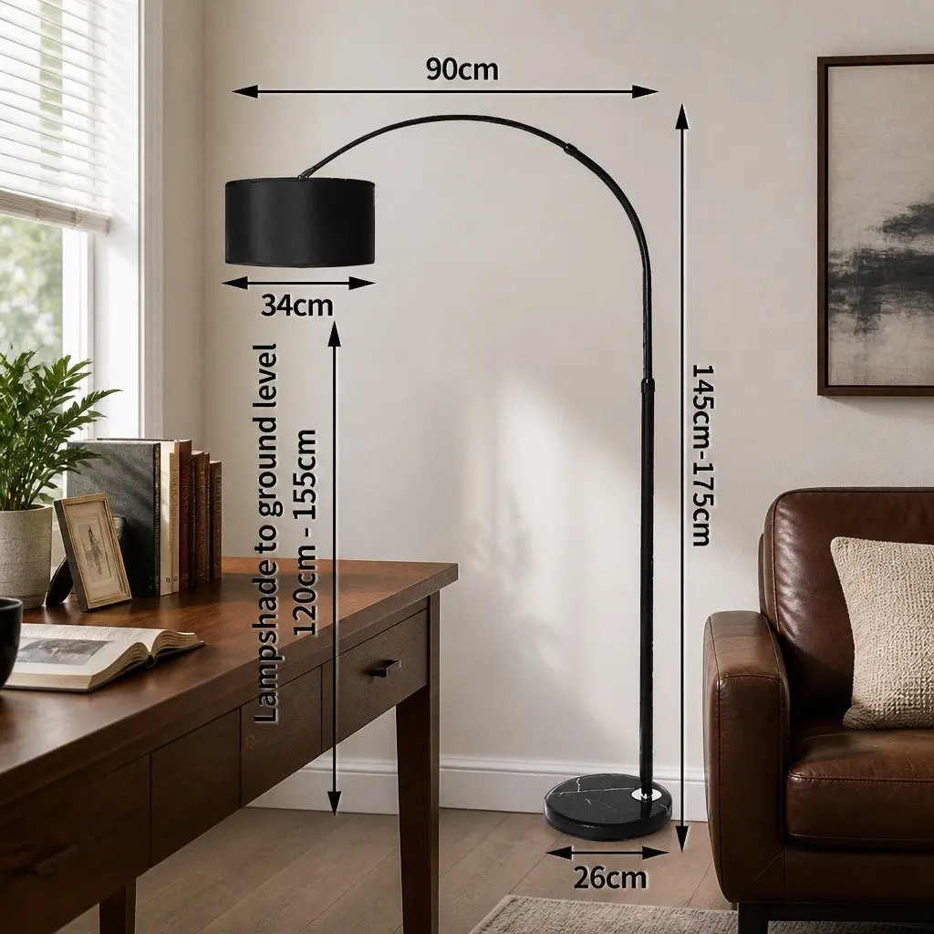 LED Floor Lamp Reading Light Adjustable Arm Marble Base Black 145cm to 175cm