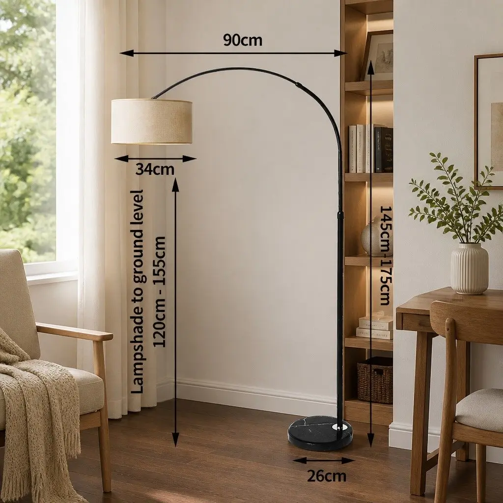 LED Floor Lamp Reading Light Adjustable Arm Marble Base Grey Black 145cm to 175cm