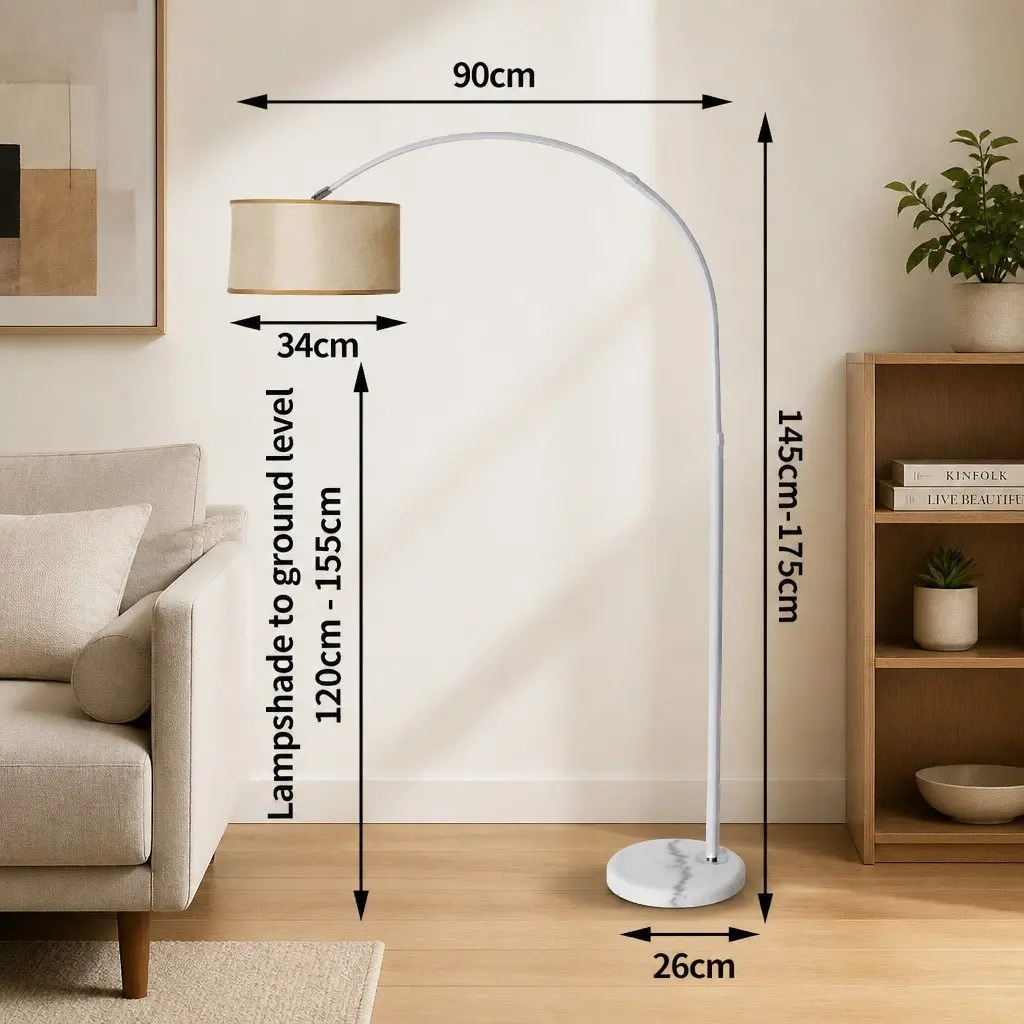 Modern LED Floor Lamp Reading Light Adjustable Arm Marble Base Linen Shade