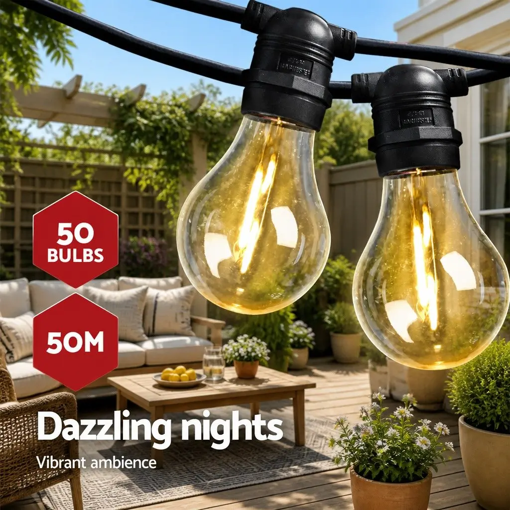Festoon String Lights 50m Outdoor Wedding Garden Party Warm White LED