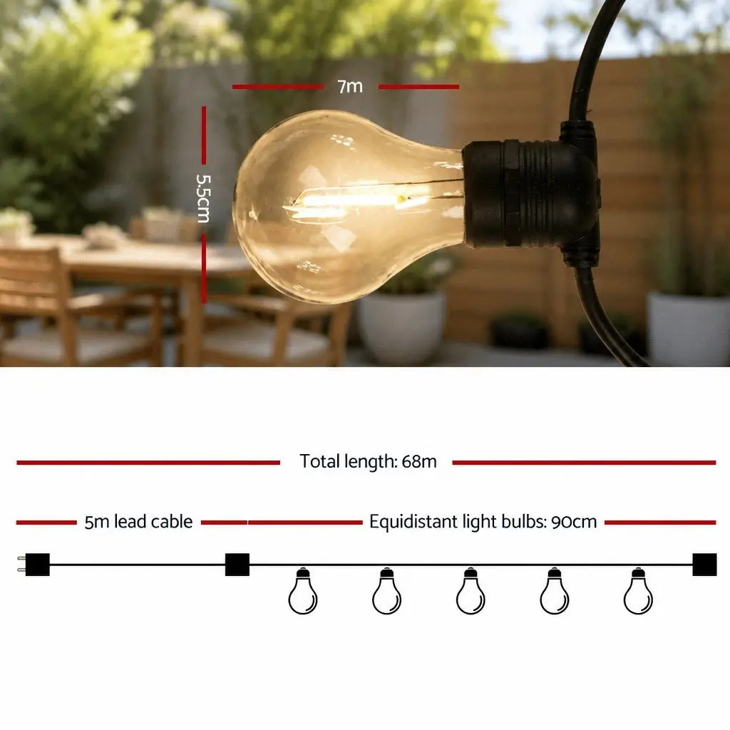 68m Festoon String Lights Outdoor Wedding Garden Party Warm White LED