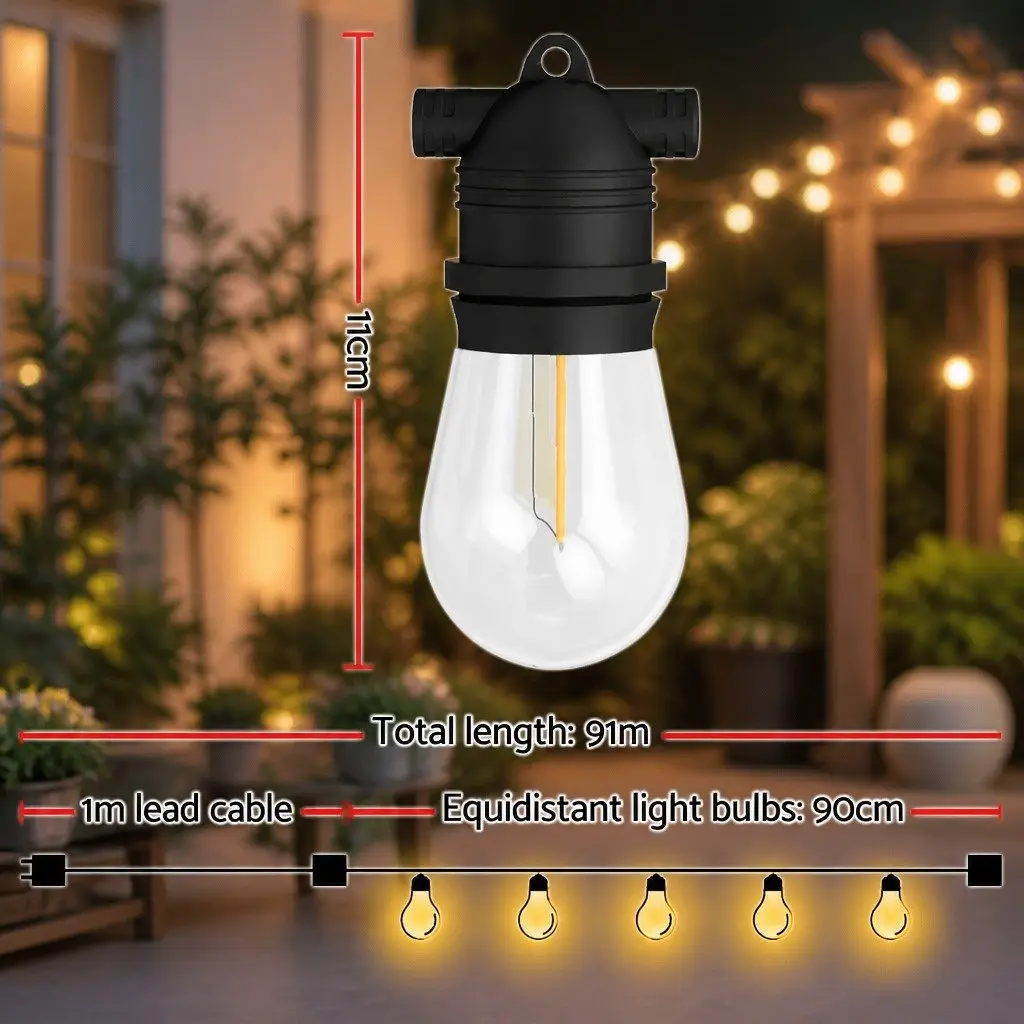 Festoon String Lights Indoor Outdoor 91m 100 Bulbs Warm White