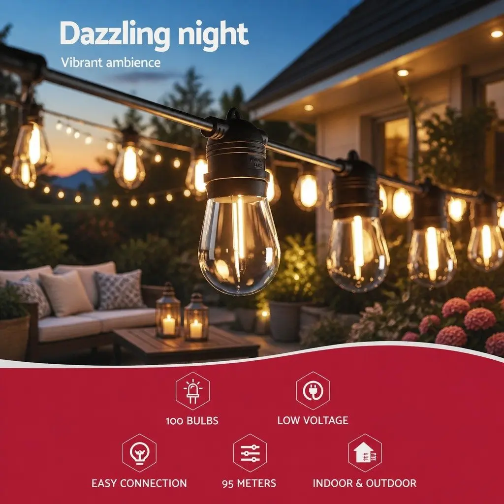 Festoon String Lights Indoor Outdoor 91m 100 Bulbs Warm White
