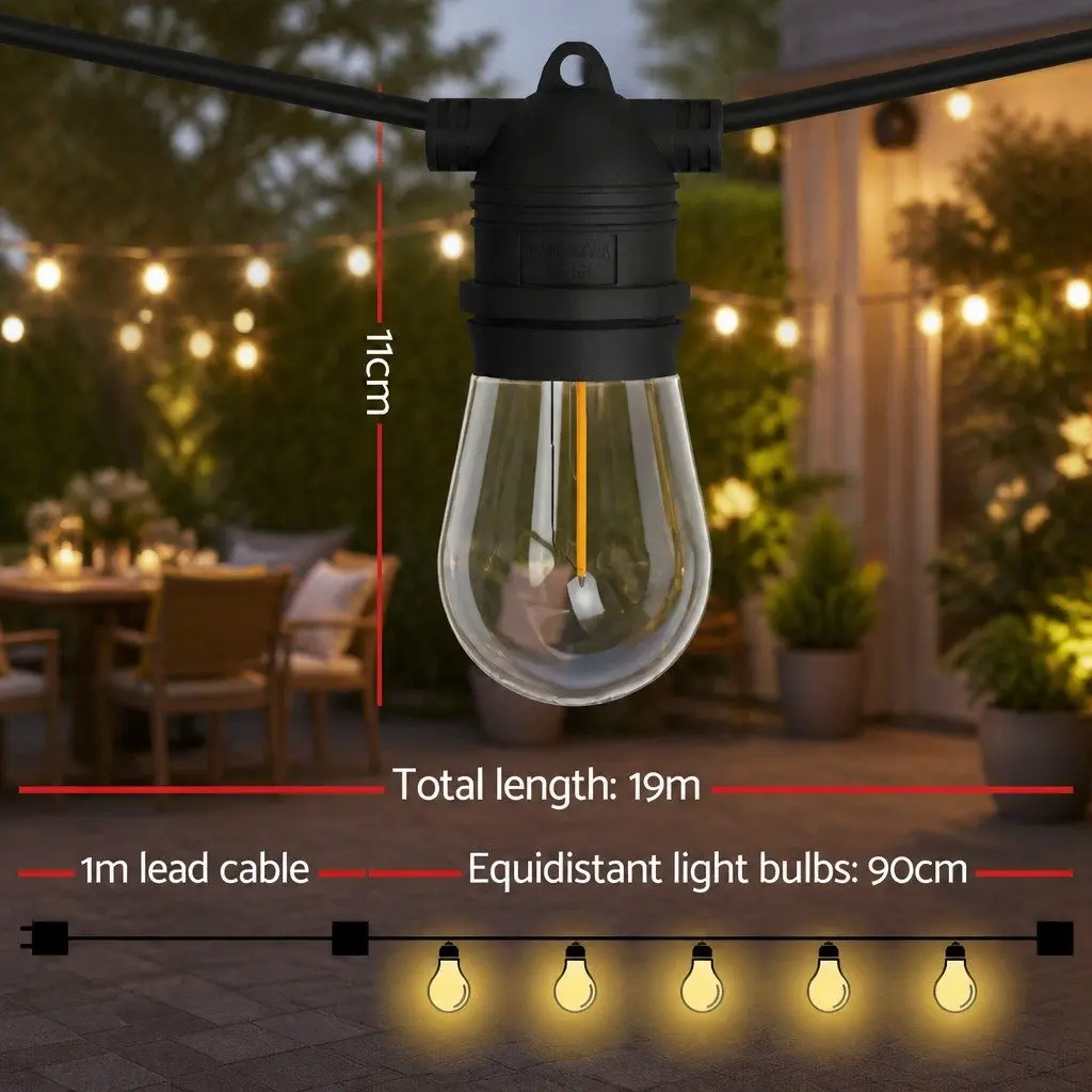 Festoon String Lights Indoor Outdoor 19m Warm White 20 Bulbs