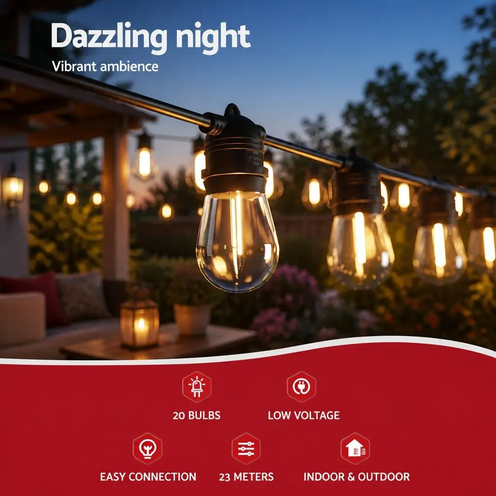 Festoon String Lights Indoor Outdoor 19m Warm White 20 Bulbs