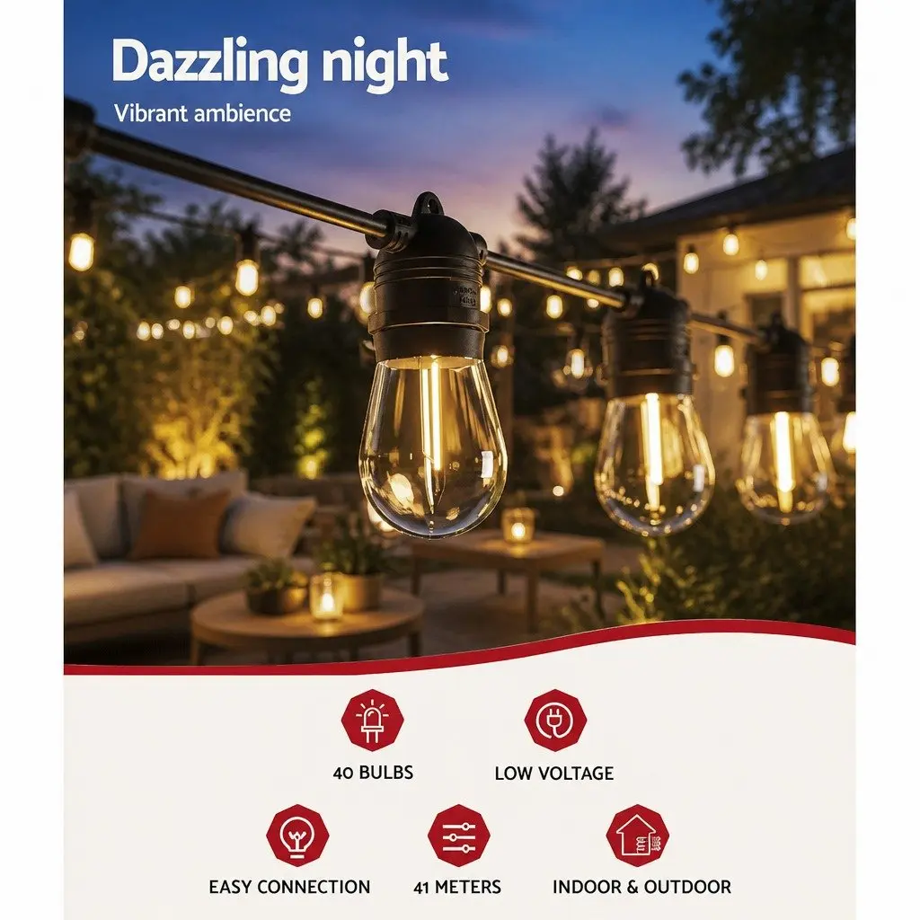 Festoon String Lights 37m 40 Bulbs Warm White Christmas Party Outdoor Garden