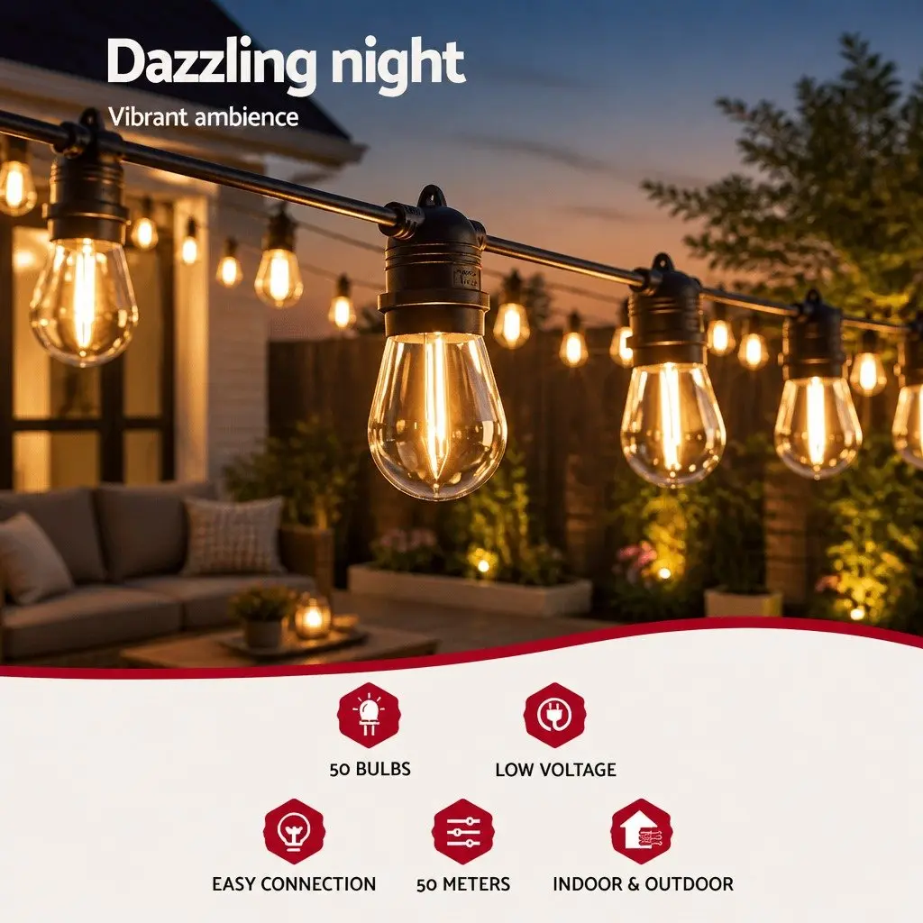 Festoon Lights Indoor Outdoor 46m 50 Bulbs Warm White String Lights
