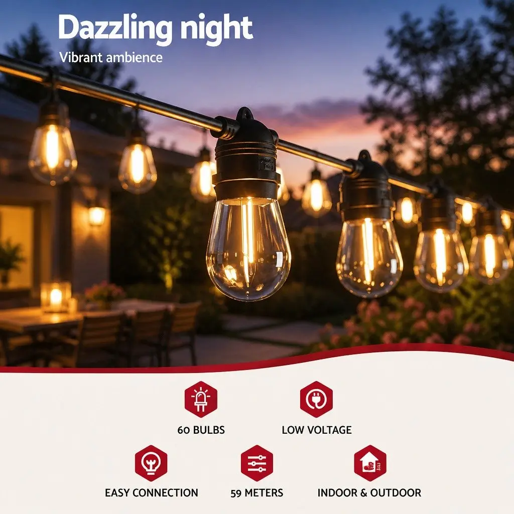 Festoon String Lights Outdoor Use 55m Warm White