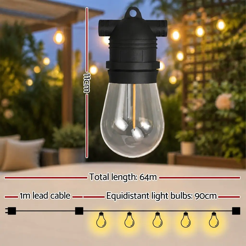 Festoon String Lights Indoor Outdoor 64m Warm White 70 Bulbs Party Garden Decor