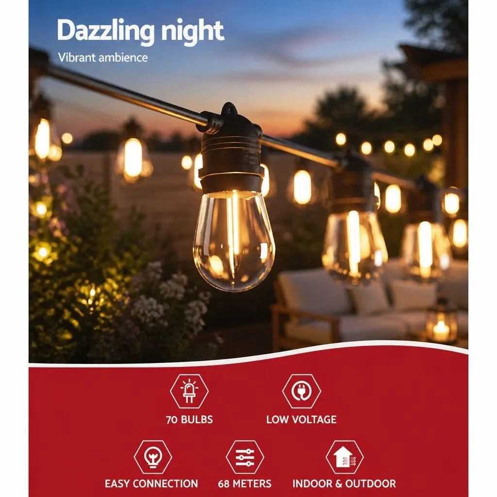 Festoon String Lights Indoor Outdoor 64m Warm White 70 Bulbs Party Garden Decor