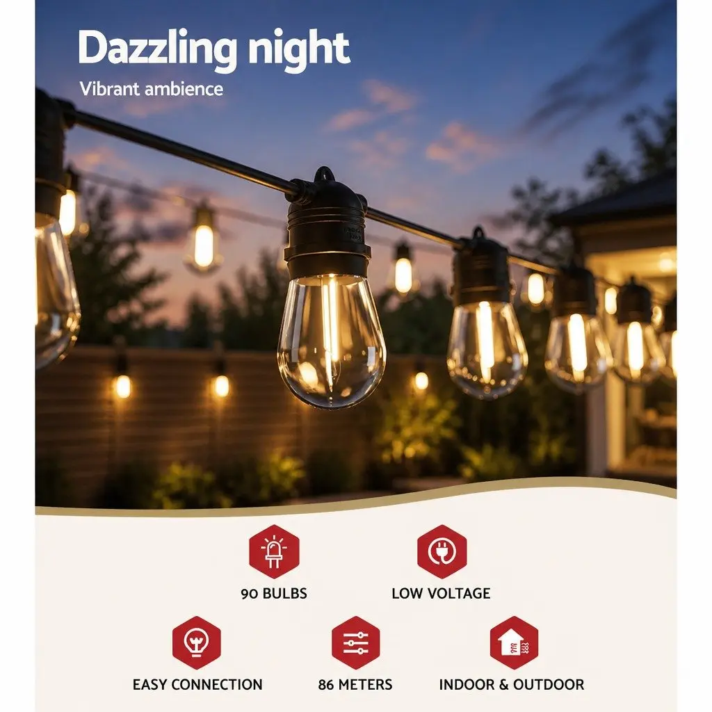 Festoon String Lights Outdoor Garden 82m Warm White 90 Bulbs
