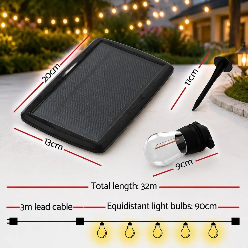 32m Solar Festoon String Lights Warm White LED Outdoor Christmas Party