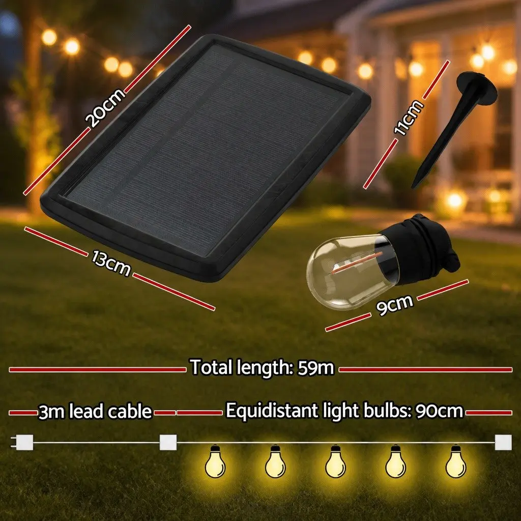 59m Solar Festoon String Lights Warm White Outdoor LED Christmas Party