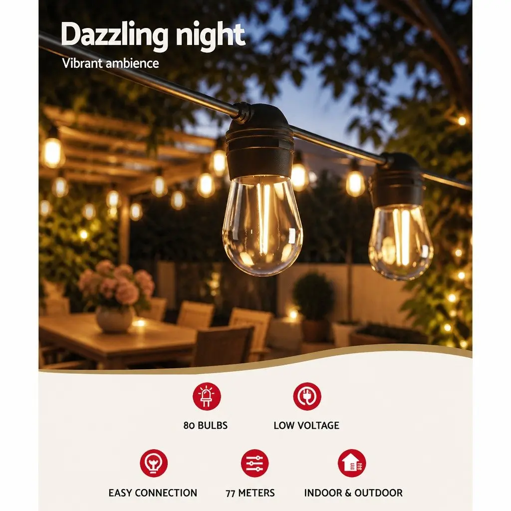 77m Outdoor LED String Lights with 80 Bulbs and USB Charging