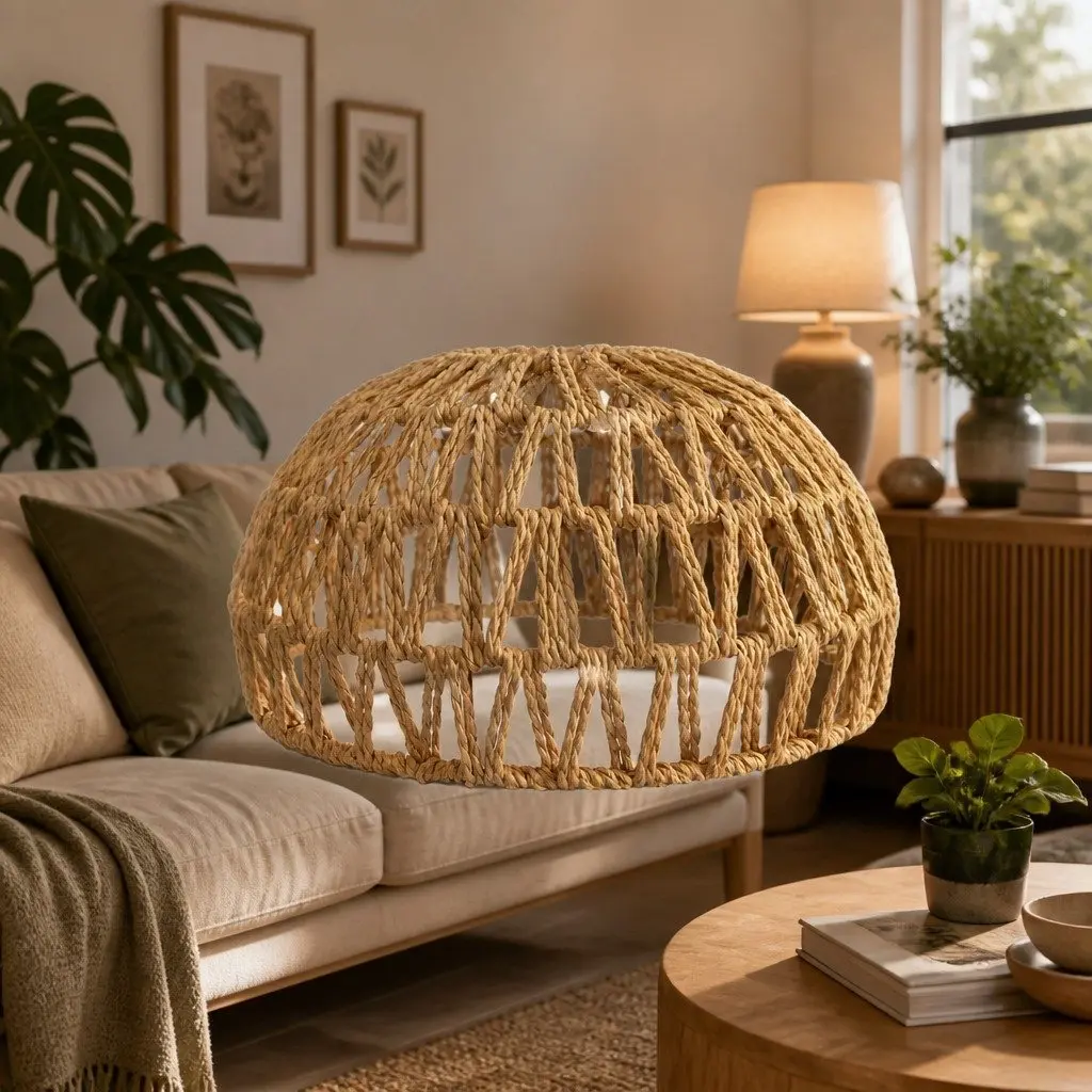 Woven Pendant Light Shade Ceiling Lamp Hemp Rope Iron Frame Home Décor 23cm x 23cm x 12.5cm