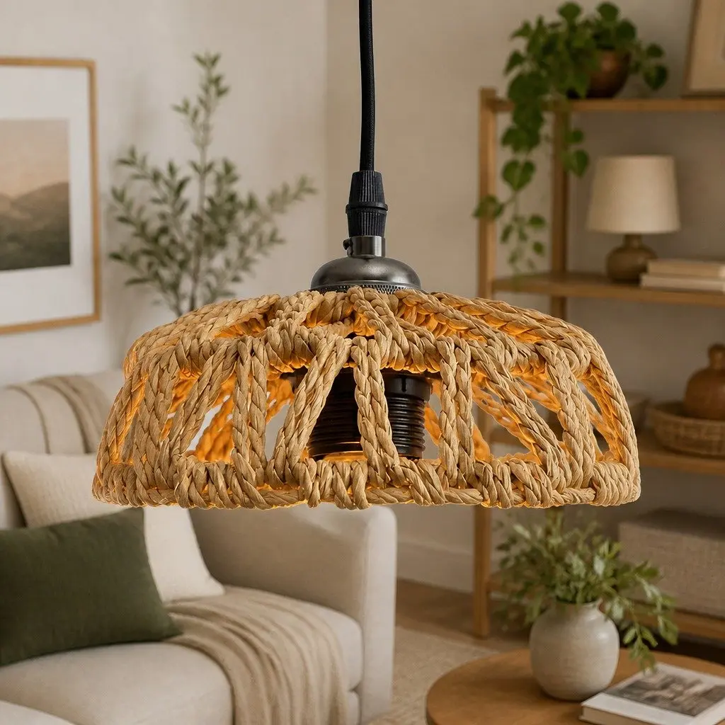 Woven Pendant Light Shade Ceiling Lamp Hemp Rope Iron Frame Home Décor 23cm x 23cm x 12.5cm