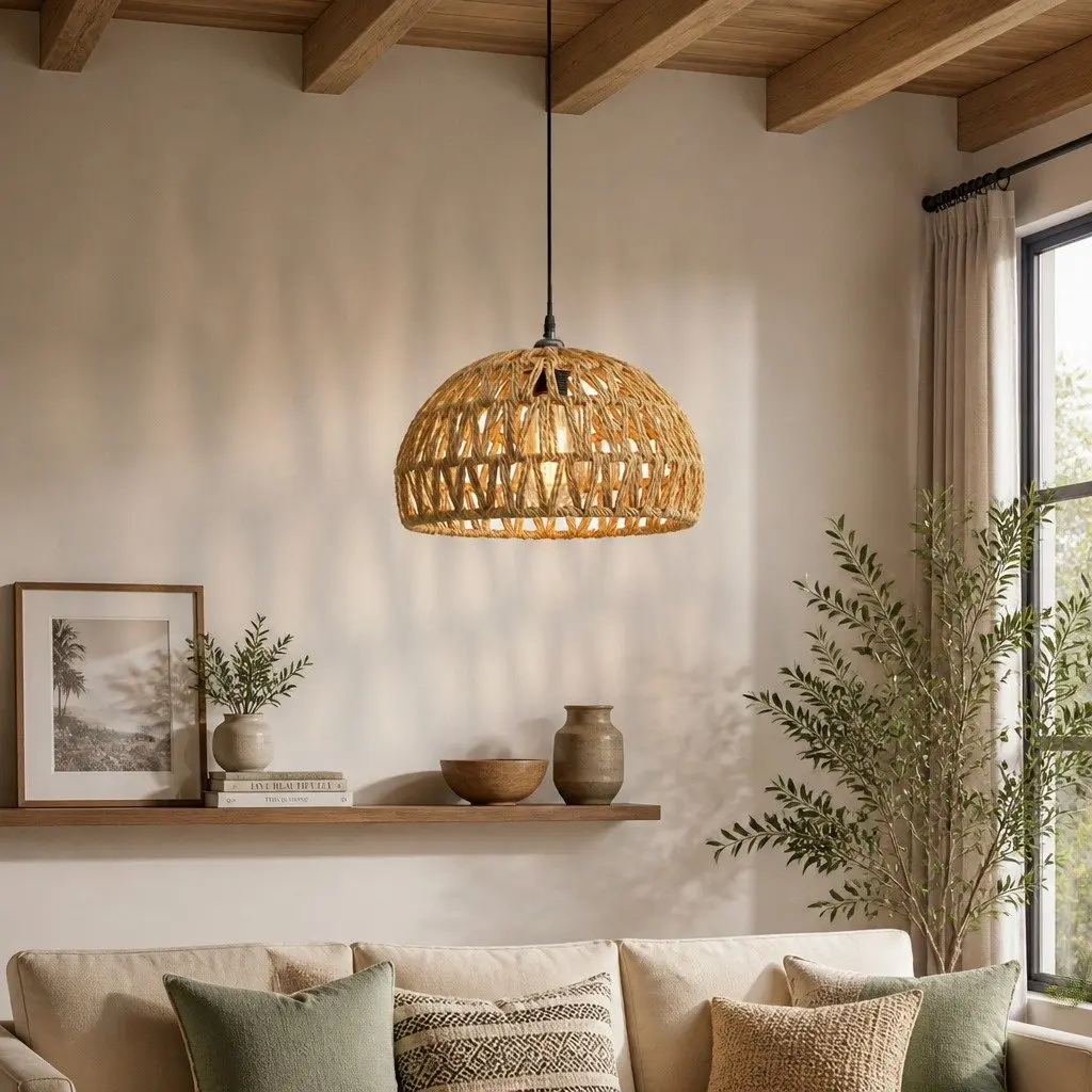Woven Pendant Light Shade Ceiling Lamp Hemp Rope Iron Frame Home Décor 23cm x 23cm x 12.5cm