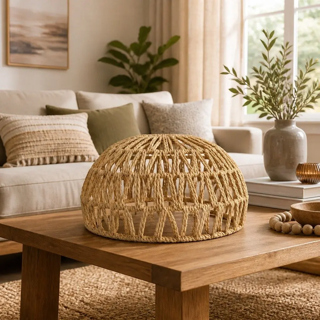Woven Pendant Light Shade Ceiling Lamp Hemp Rope Iron Frame Home Décor 23cm x 23cm x 12.5cm